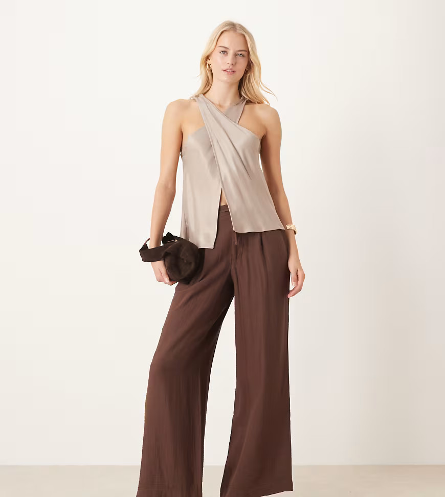ASOS DESIGN Tall soft texture wide leg pants with contrast stitch in chocolate-Brown | ASOS (Global)
