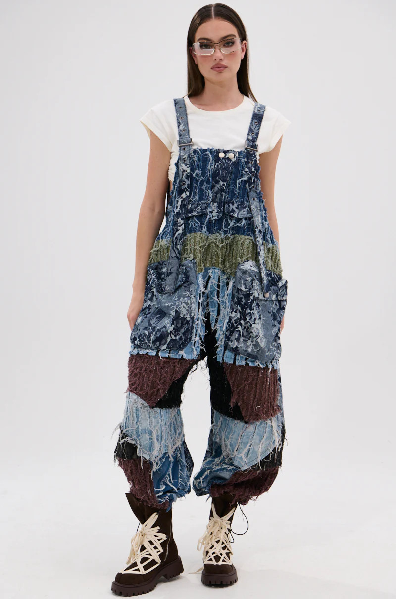 JUST LIKE THAT BAGGY FIT OVERALLS IN PATCHWORK DENIM | AKIRA