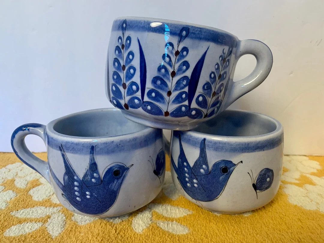 Beautiful Set of 3 Vintage Tonala Mexico Bird Mugs Signed VG Blue Floral Folk Art Bird and Butter... | Etsy (US)