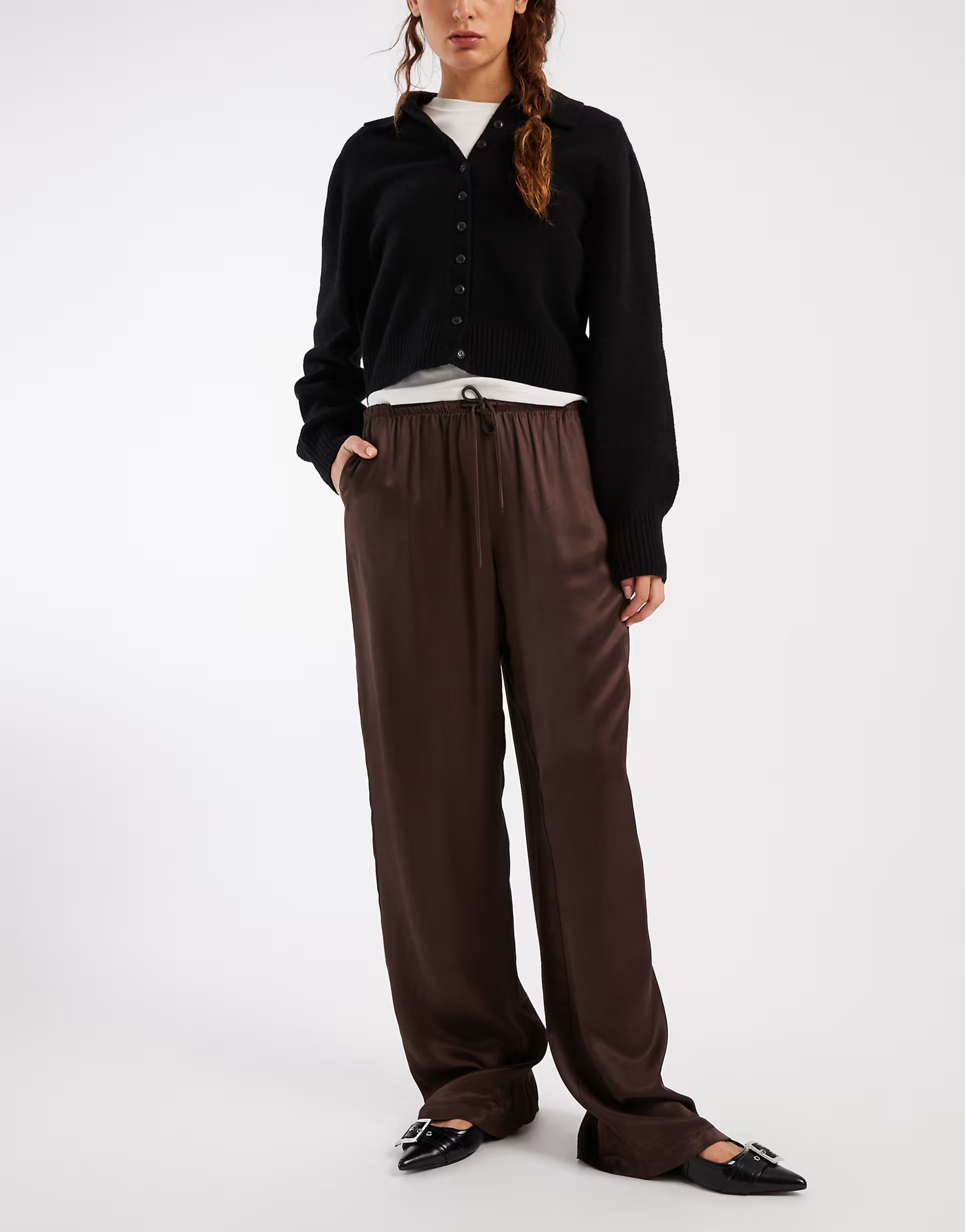 ASOS DESIGN satin wide leg pull on trouser in chocolate | ASOS | ASOS (Global)