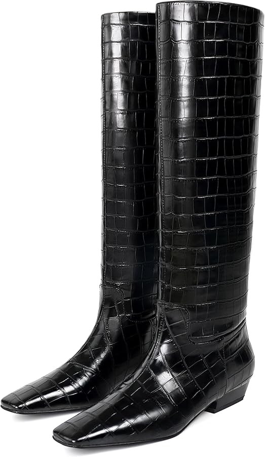 Knee High Boots for Women, Low Kitten Heel, Pull-on Block Heel, Square Toe, Flat Tall Riding Boot... | Amazon (US)