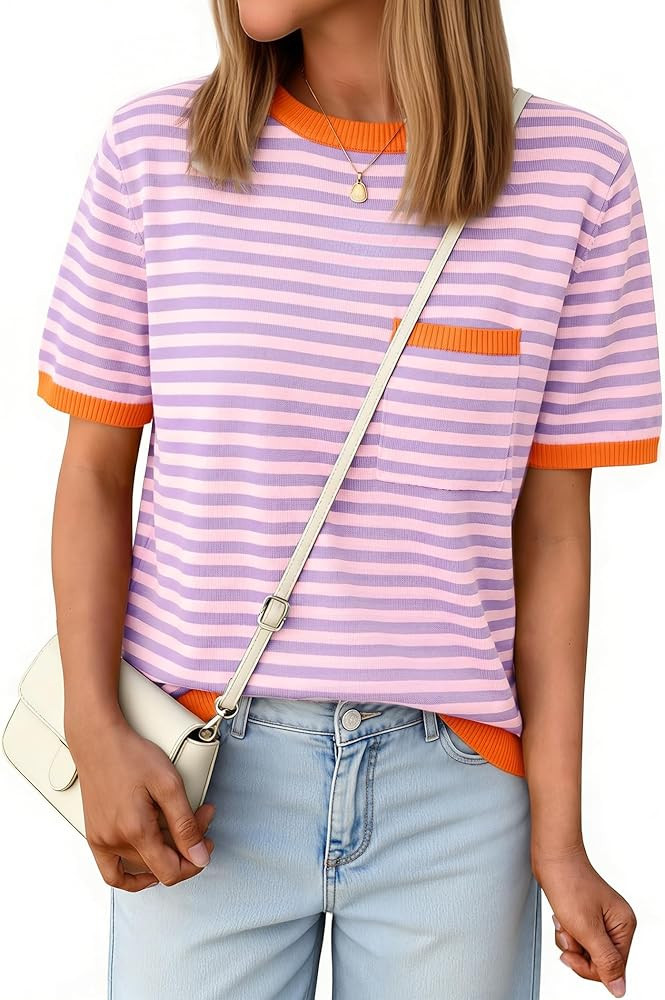 Womens Striped Short Sleeve Sweater Knit Pullover Top with Crewneck Color Block Pocket for Busine... | Amazon (US)