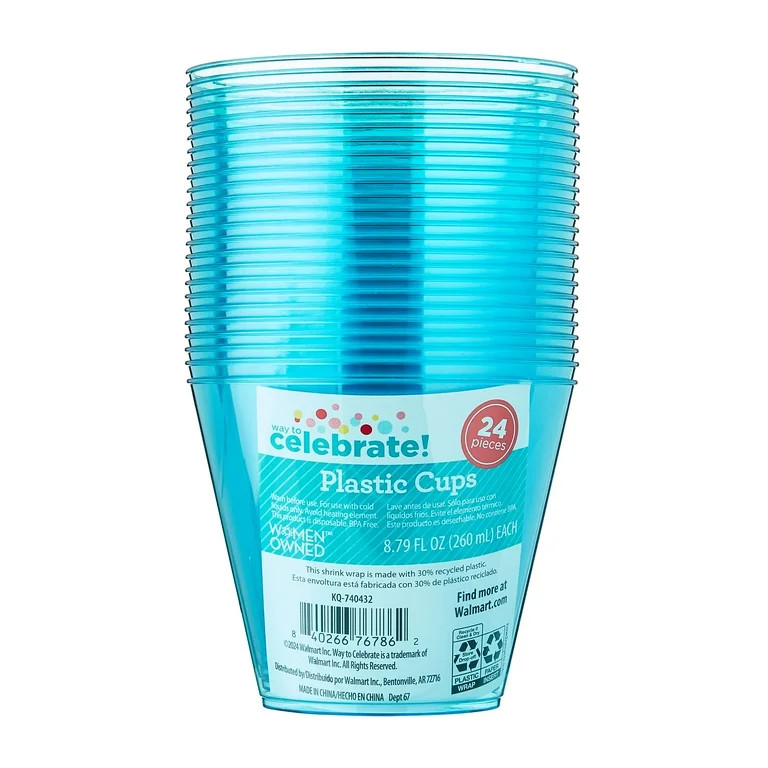 Disposable Plastic Cups, Blue, 8.79 fl oz, 24 Count, Way To Celebrate | Walmart (US)