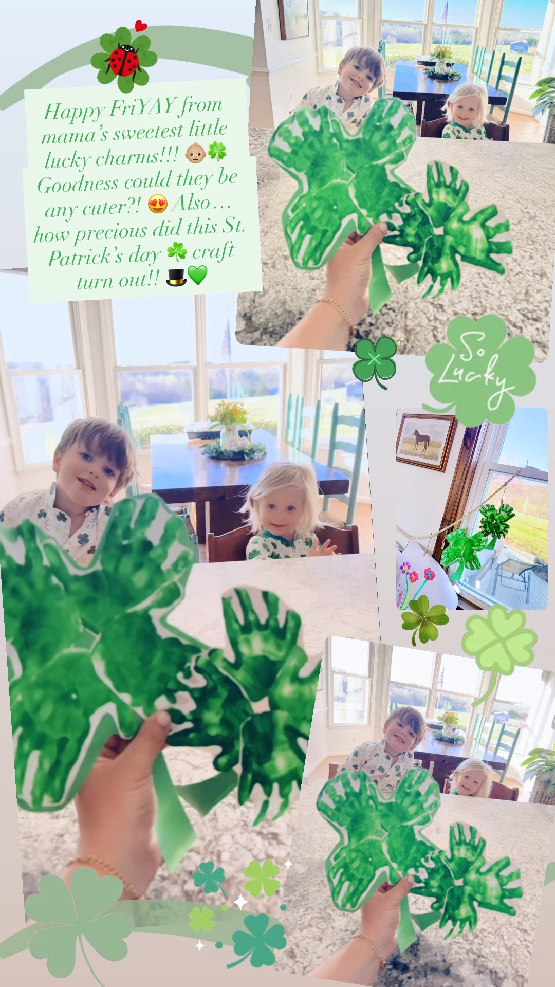 Happy FriYAY from mama’s sweetest little lucky charms!!! 👶🏼🍀 Goodness could they be any cuter?! 😍 Also… how precious did this St. Patrick’s day ☘️ craft turn out!! 🎩💚