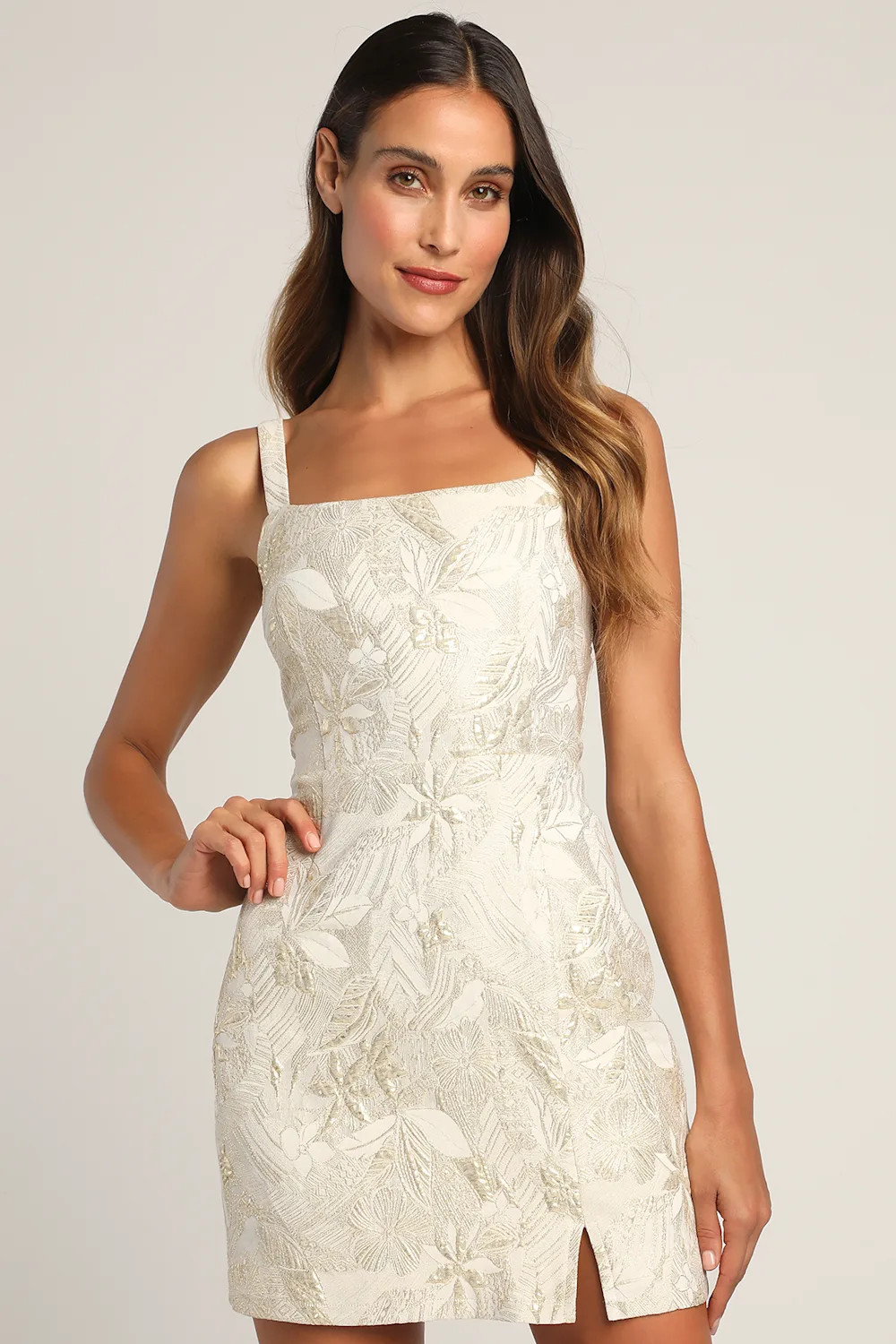 Shine for Us Cream Metallic Tropical Jacquard Mini Dress | Lulus (US)