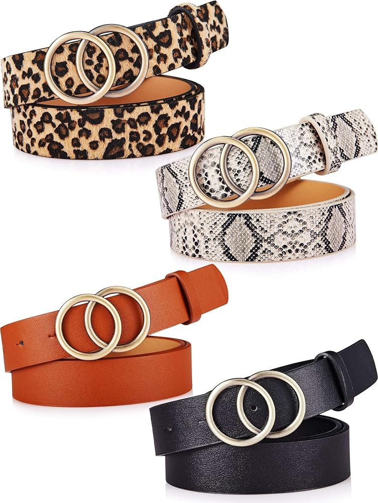 Geyoga 4 Pieces Women Faux Leather Waist Belt for Ladies Jeans Pants with Double O-Ring Buckle | Amazon (US)
