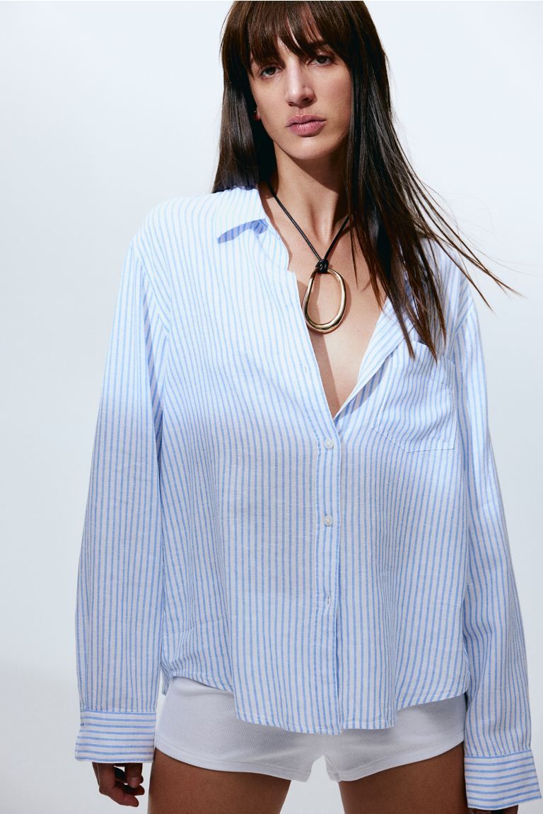 Linen-blend shirt - Long sleeve - Regular length - White/Blue striped - Ladies | H&M GB | H&M (UK, MY, IN, SG, PH, TW, HK)