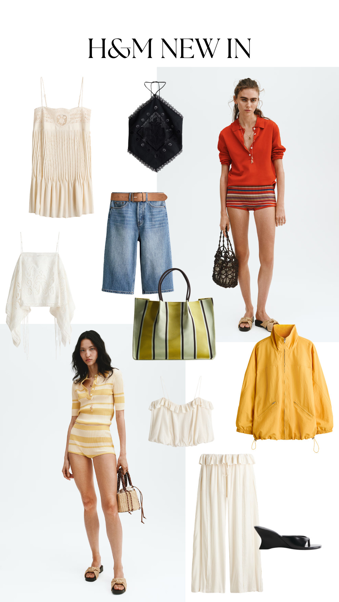 H&M New In Faves
Denim Bermuda Shorts, Lace Outfit, White Summer Outfit, Striped Bag, Crop Top 

 #LTKuk #LTKspring #LTKeurope