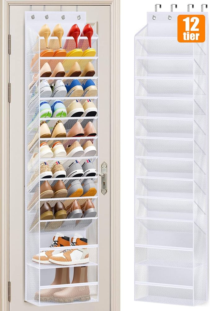 MISSLO 12 Tier Over the Door Shoe Organizer Hanging Shoe Rack for Closet Storage Sneaker Holder for Door Fit 24 Pairs Sandals, Heels, Boots (White) | Amazon (US)