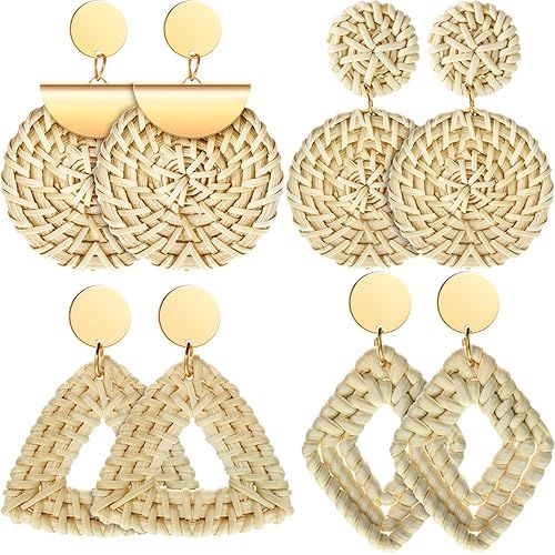 Yaomiao 4 Pairs Rattan Earrings Boho Straw Woven Earrings Handmade Wicker Drop Earrings Dangle Ge... | Amazon (US)