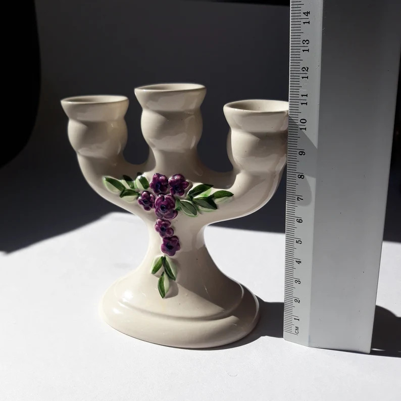Rosa Ljung Sweden. Small Three Arm Ceramic Candle Holder Candelabra. Ecru Base, Purple, Green Flo... | Etsy (US)