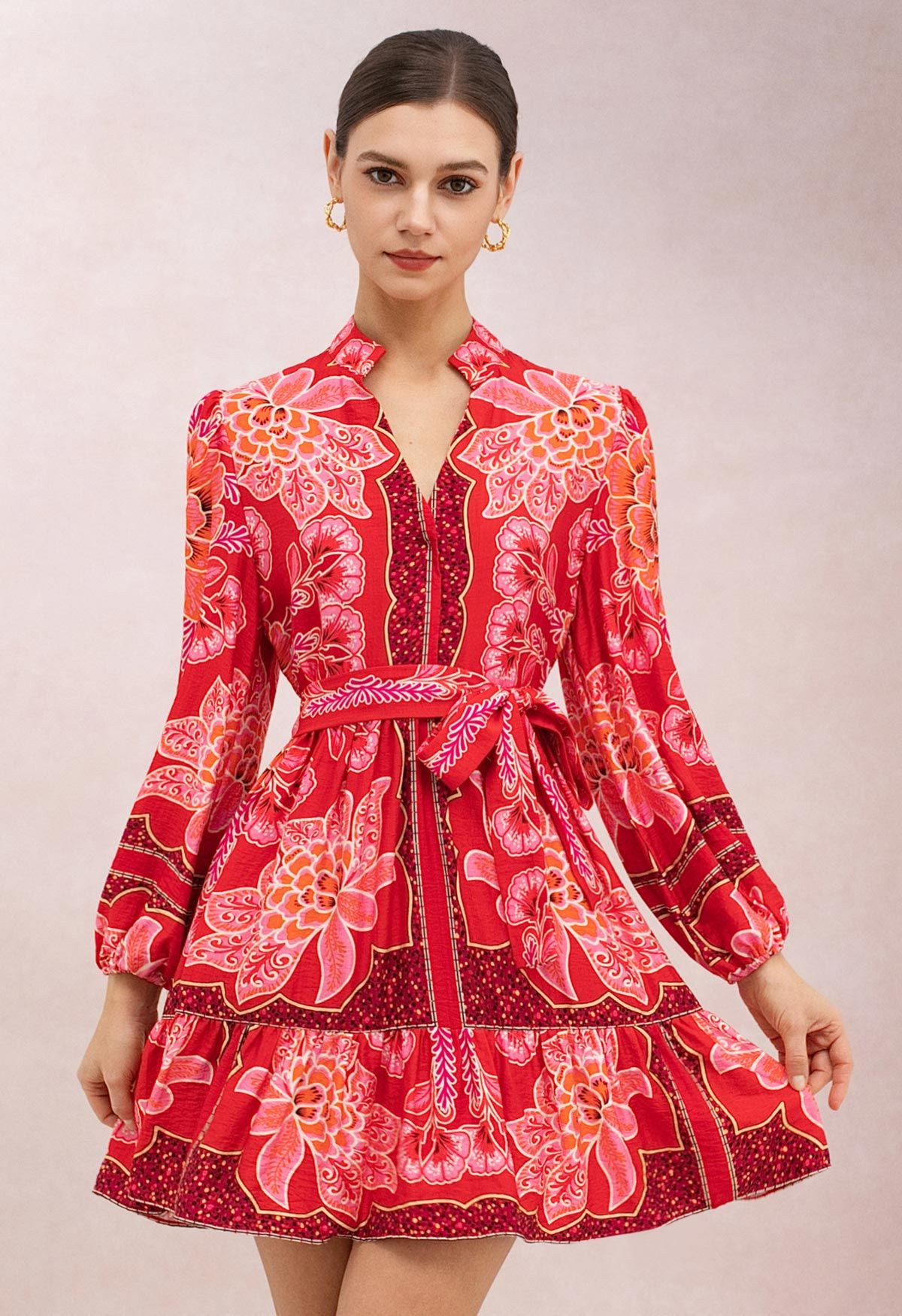 Red Floral V-Neck Tie Waist Mini Dress for Rooftop Parties & Island Getaways | Chicwish