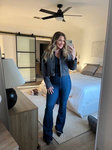 Casual date night ootd ♥️ This casual jacket is everything! Size medium. & have had these flare jeans forever they’re VERY flattering on the butt 

#LTKstyletip