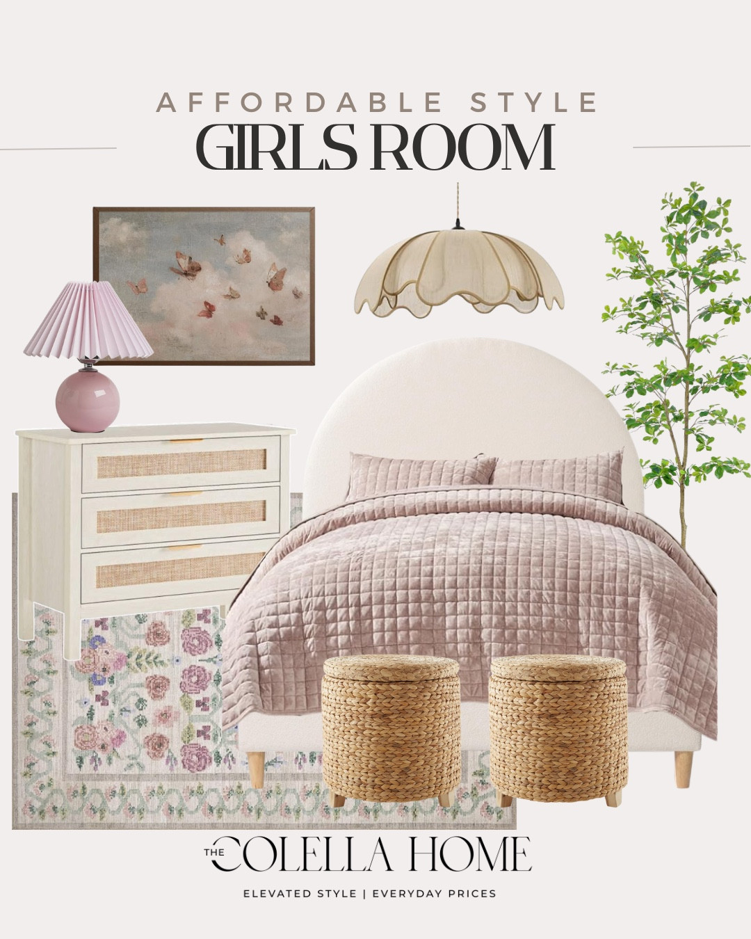 Girls bedroom inspiration includes area rug, quilt, storage ottoman, faux tree, bed frame, chandelier, wall art, table lamp, and nightstand.

Girls room, little girl bedroom, styled kids bedroom, girls decor

#LTKFindsUnder100 #LTKHome #LTKFindsUnder50