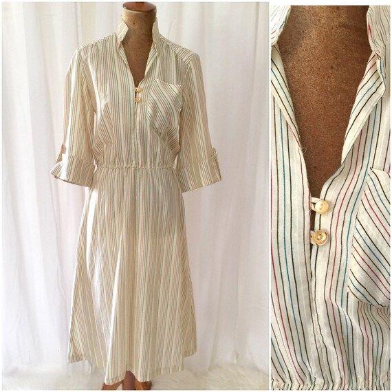 1980s cream multicolor stripe shirt midi dress / M-L | Etsy (US)