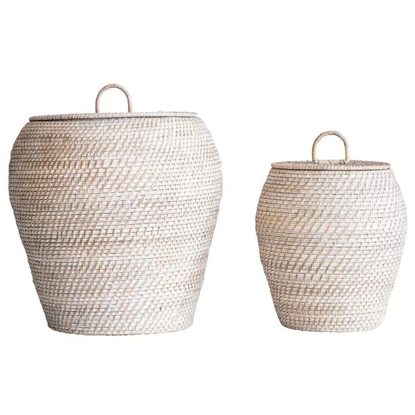Whitewashed Rattan Baskets with Lids (Set of 2 Sizes) | Wayfair North America