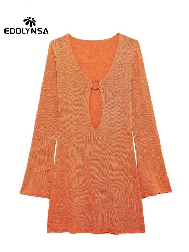 Sexy Women Swimsuit Cover-Ups Metallic Ring Hollow Deep V-Neck Knit Wrap Beach Mini Dress Bell Sl... | SHEIN