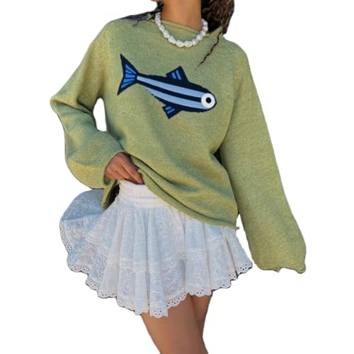 Women Rib Knit Fish Graphic Sweater Crew Neck Oversized Vintage Pullover | Amazon (US)