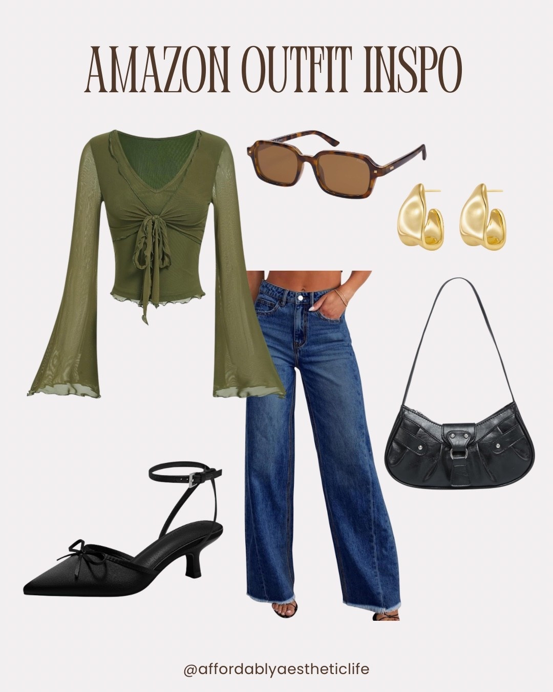 Amazon outfit under $130 total ✨

Everything you need:
• Sage green bell sleeve tie-front top
• Wide leg blue jeans
• Black kitten heel ankle straps
• Y2K shoulder bag
• Tortoise sunglasses + gold hoops

Save this for spring outfit planning.

#LTKSaleAlert #LTKFindsUnder50 #LTKMidsize