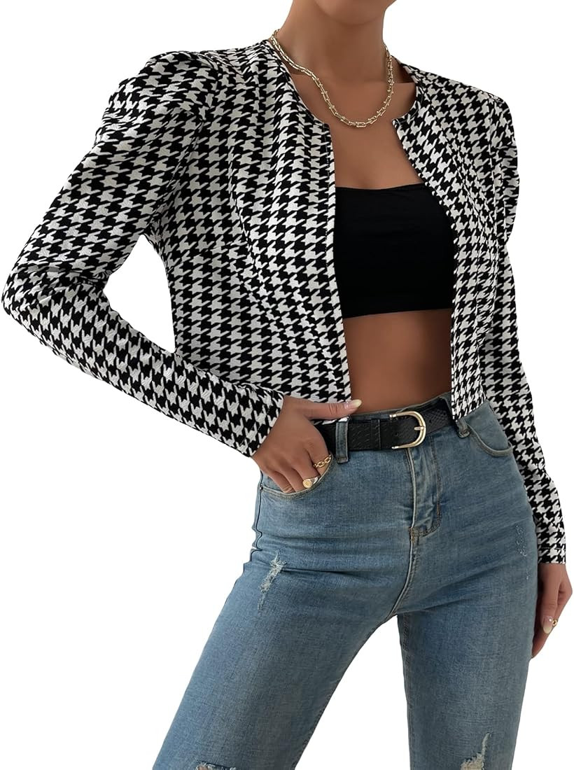 WDIRARA Women's Houndstooth Open Front Long Sleeve Plaid Work Office Elegant Jacket | Amazon (US)