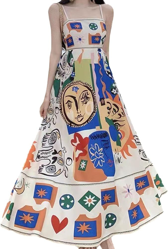 Women's Retro Artistic Dress, Summer Cute Leisure Vacation, Ethnic Style Graffiti Print, Slim fit... | Amazon (US)