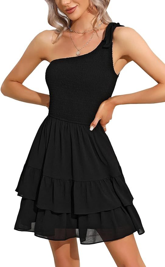 EXLURA Women’s 2023 Summer Tie One Shoulder Sundresses Ruffle Somcked A-Line Flowy Short Mini D... | Amazon (US)