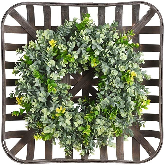 WANNA-CUL 20 Inch Artificial Green Leaves Farmhouse Boxwood Wreath with Square Tobacco Basket for... | Amazon (US)