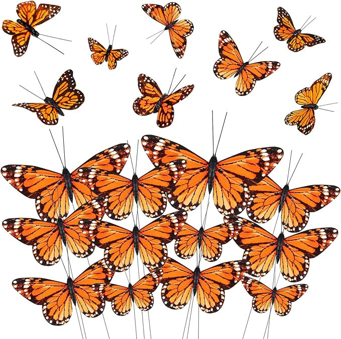 24 Pcs Monarch Butterfly Decorations 4 Size Artificial Monarch Feather Fake Butterfly Picks Craft... | Amazon (US)