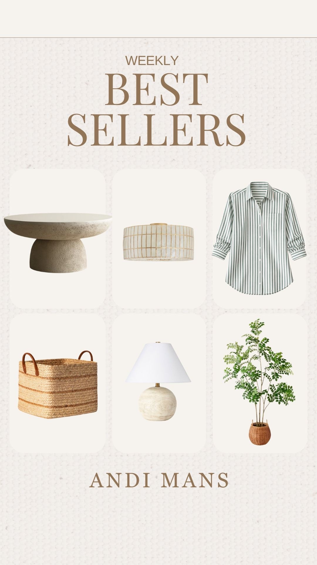 Your weekly best sellers. I love this neutral coffee table, flush mount light, and striped button up. Don't miss this oversized storage basket, table lamp, and faux tree...all perfect for spring!

#LTKSeasonal #LTKOver40 #LTKHome