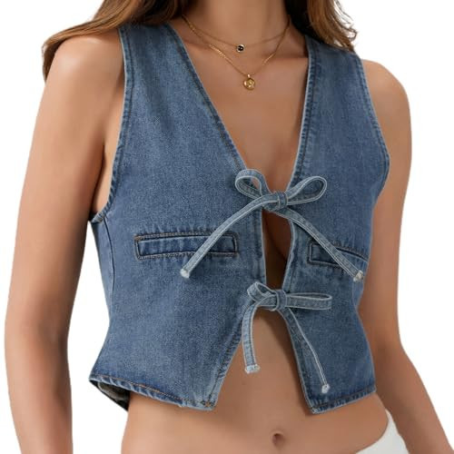 Women Sexy Denim Vest Deep V Neck Tie Up Front Sleeveless Jean Tank Top Low Cut Tight Fit Fashion Cropped Vest | Amazon (US)