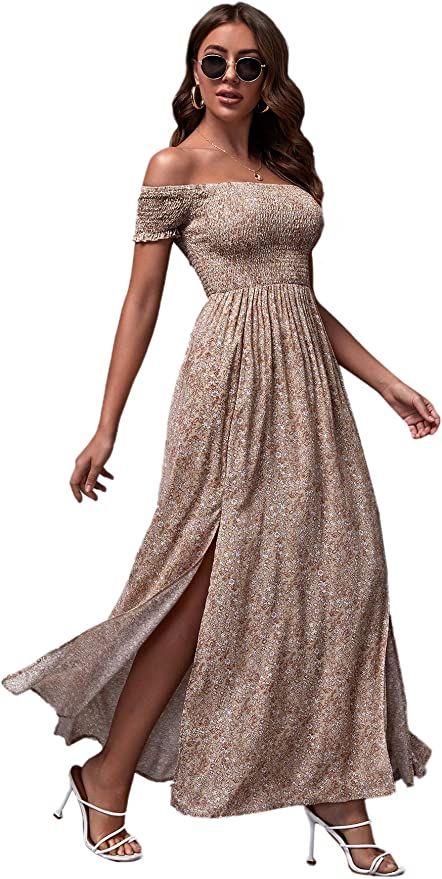 Floerns Women's Boho Floral Print Off Shoulder Split Long A Line Dress | Amazon (US)