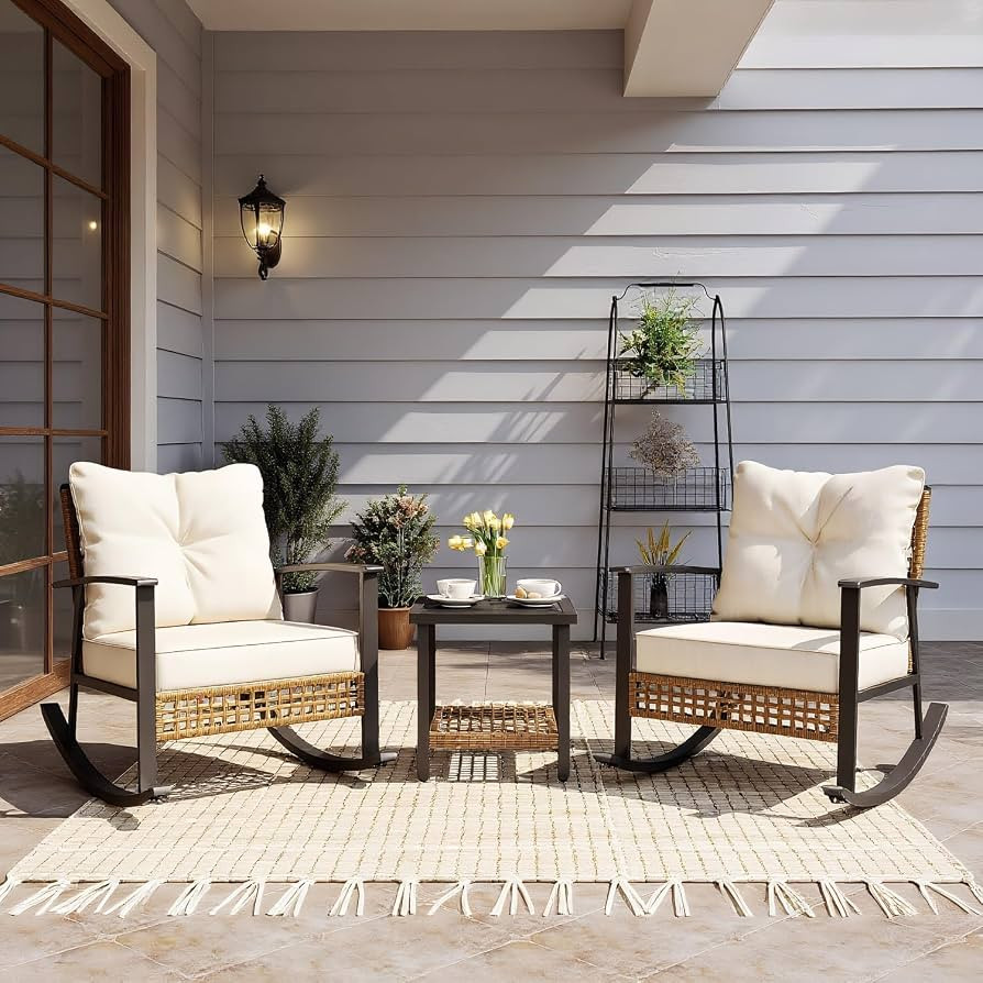 EO Living 3 Piece Rocking Patio Bistro Set, Outdoor Bistro Sets Wicker Patio Furniture Rocking Ch... | Amazon (US)