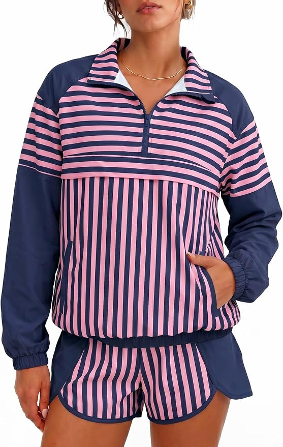 Fisoew Striped 2 Piece Sets for Women Tennis Athletic Short Set Fall Outfit | Athleisure, Oversiz... | Amazon (US)