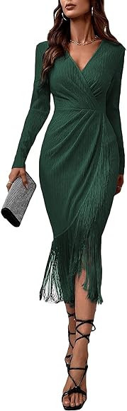 WDIRARA Women's Fringe Wrap Ruched V Neck Long Sleeve Solid Bodycon Party Maxi Dress | Amazon (US)