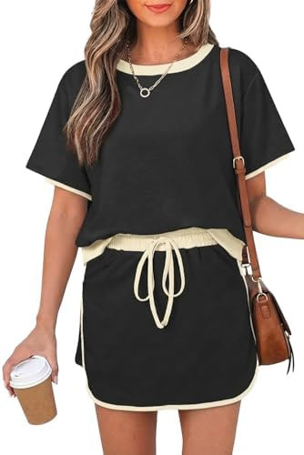 Womens 2 Piece Skort Set 2026 Color Block Short Sleeve Top Drawstring Skort Matching Sets Casual ... | Amazon (US)