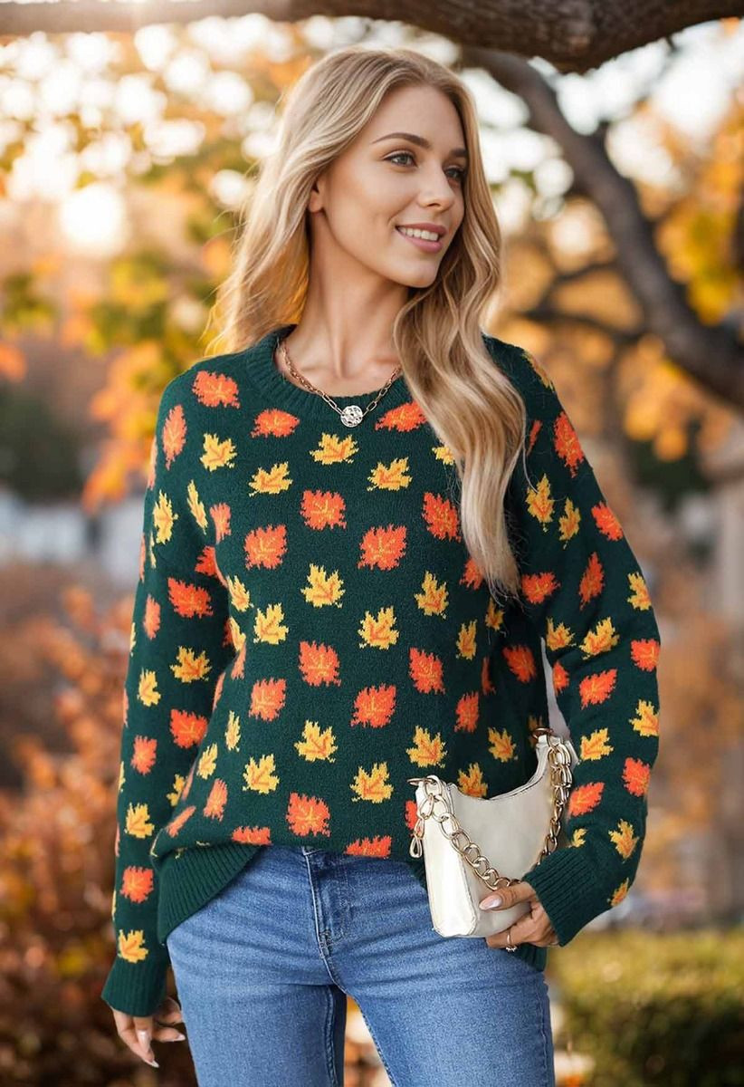 Maple Leaf Long Sleeves Oversized Knit Sweater in Green | Chicwish