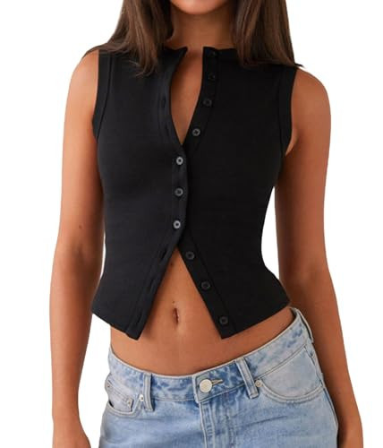 Women Button Down Crop Tank Top Ribbed Knit Button Up Vest Crew Neck Slim Fit Open Front Sleeveless Shirt Tops (Black, L) | Amazon (US)