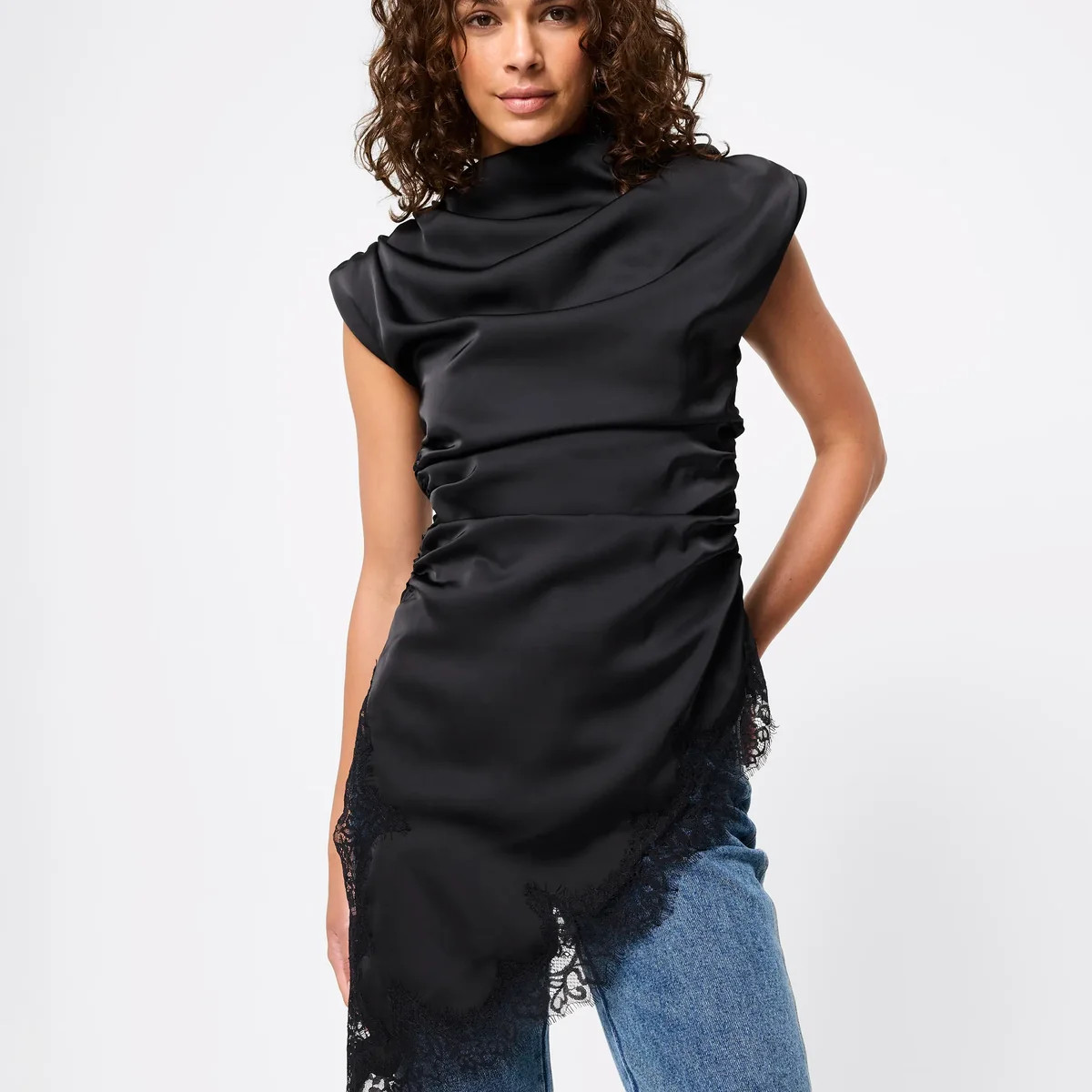 Eclipse Top - Mossman | Black Satin Lace Trim Top | Mossman