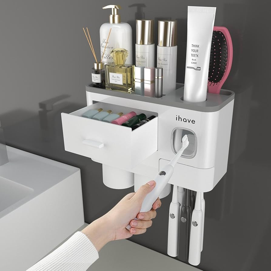 iHave Toothbrush Holders for Bathrooms, 2 Cups Toothbrush Holder Wall Mounted with Toothpaste Dis... | Amazon (US)