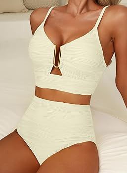 Herseas 2 Piece Bikini Set V Neck Cutout Swimsuit High Waisted Textured Ruched 2025 Summer Beach ... | Amazon (US)