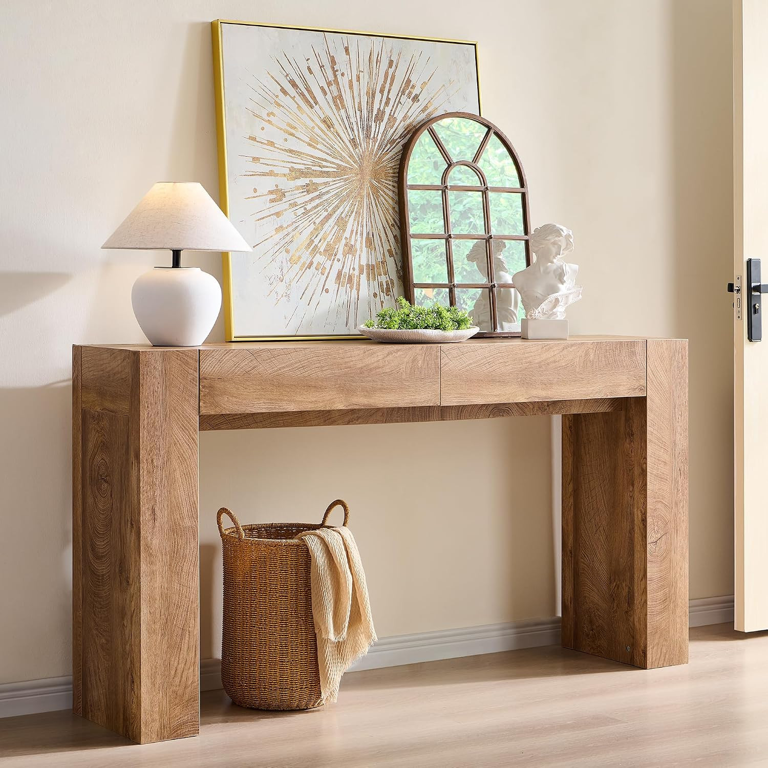 OKD 63" Console Table with Drawers, Thick Block Entryway Table, Light Oak | Amazon (US)