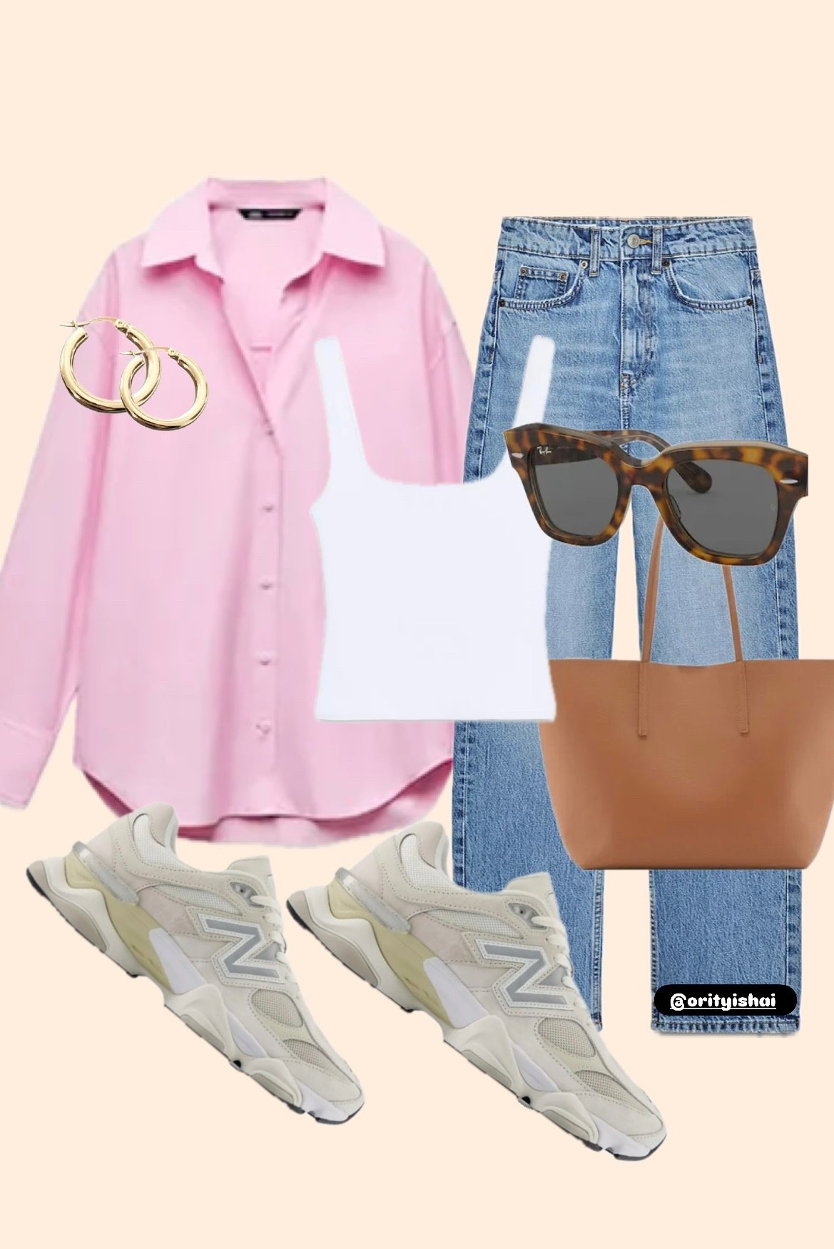 Casual everyday look featuring a pink oversized button-down shirt, white fitted tank top, high-rise straight-leg jeans, and neutral New Balance sneakers. I added a camel tote bag, gold hoop earrings, and tortoiseshell sunglasses to complete the look — perfect for a comfy yet stylish day out. Linked similar and exact pieces below! 