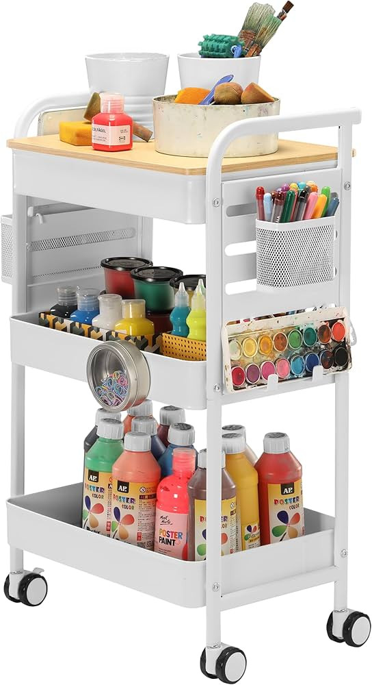 Art Cart - 3 Tier Rolling Cart with Table Top with Pegboard, 2 Baskets & 6 Hooks - Easy Assemble ... | Amazon (US)
