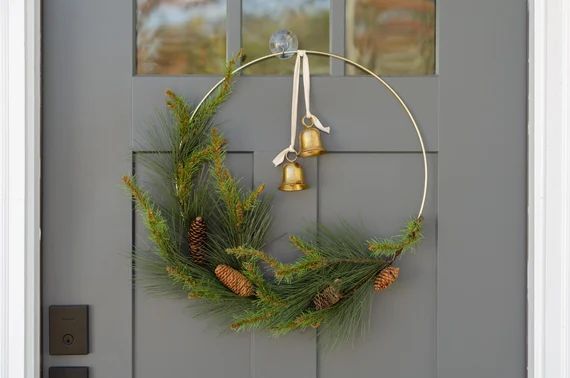 Large 18 Winter Hoop Wreath  Pine and Vintage Brass Bells | Etsy | Etsy (US)