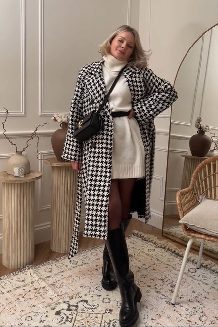 Dogstooth coat paired with a cream knitted dress and black tights and boots ❤️ 