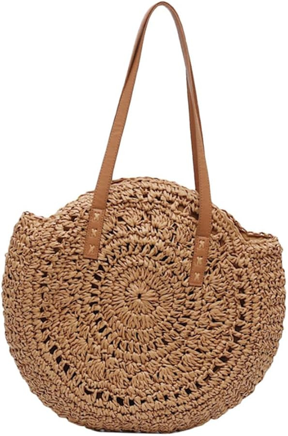 Round Straw Beach Bag Khaki Handmade Woven Circle Rattan Tote Shoulder Bag for Women with Comfort... | Amazon (US)