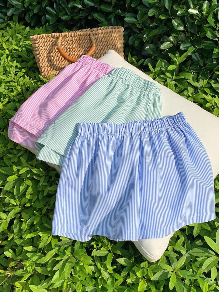 SHEIN EZwear 3pcsWomen's Fashionable Multicolor Striped Woven Shorts Set | SHEIN