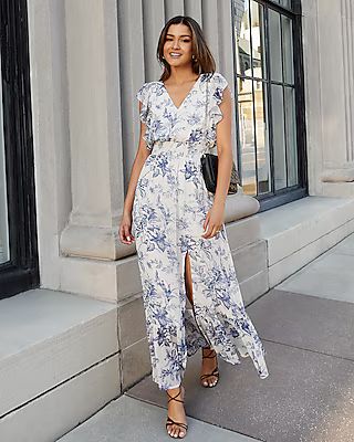 Printed V-Neck Ruffle Maxi Dress | Express