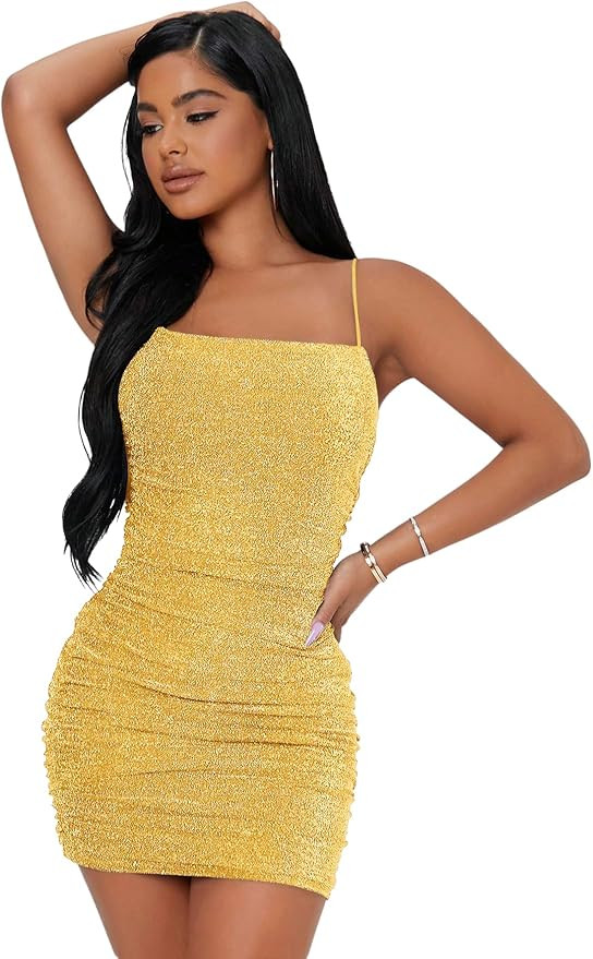 Floerns Women's Glitter Sleeveless Ruched Party Clubwear Bodycon Mini Dress | Amazon (US)