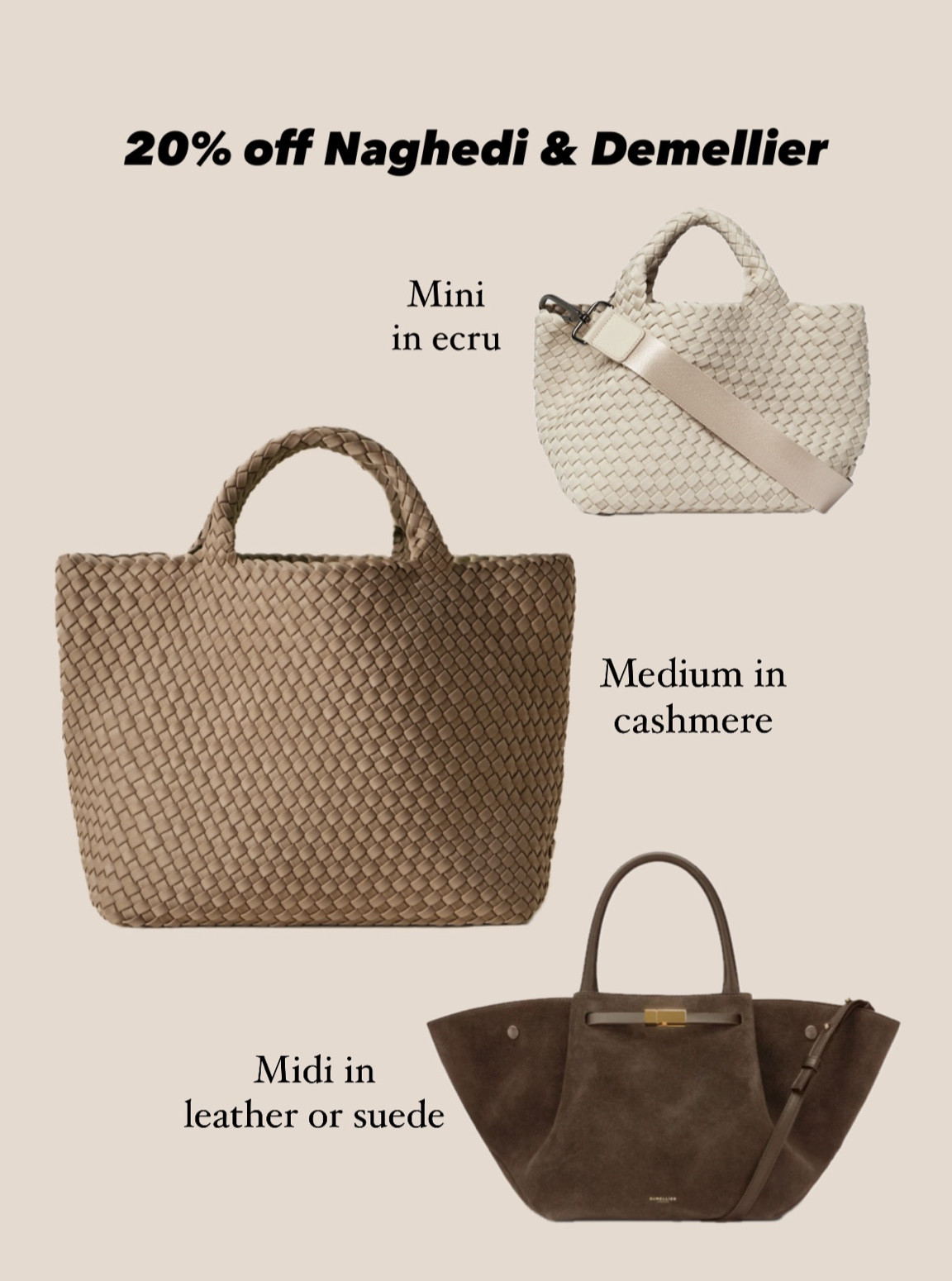 Ends Monday! All the good naghedi colors are stocked at Tuckernuck - use code MERRY for at least 20% off 

These are my 2 most used naghedi bags - great as a work / mom bag / school bag, also for travel because they are pliable and easily  fold down, and the smaller size comes with a crossbody strap. For the medium size (fits my laptop) I usually wear it on my arm or handheld 

• demellier 20% off sale ends Monday as well with code BF20 - this bag is such a chic unique design but note this smaller midi size doesn’t fit a laptop 

Gift ideas for her, cyber Monday Black Friday deals, versatile high quality handbags 

#LTKGiftGuide #LTKItBag #LTKCyberWeek
